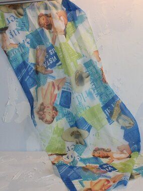 Vintage Carela Sheer Silk-Style Scarf – 50s Western Theme – Lime & Blue